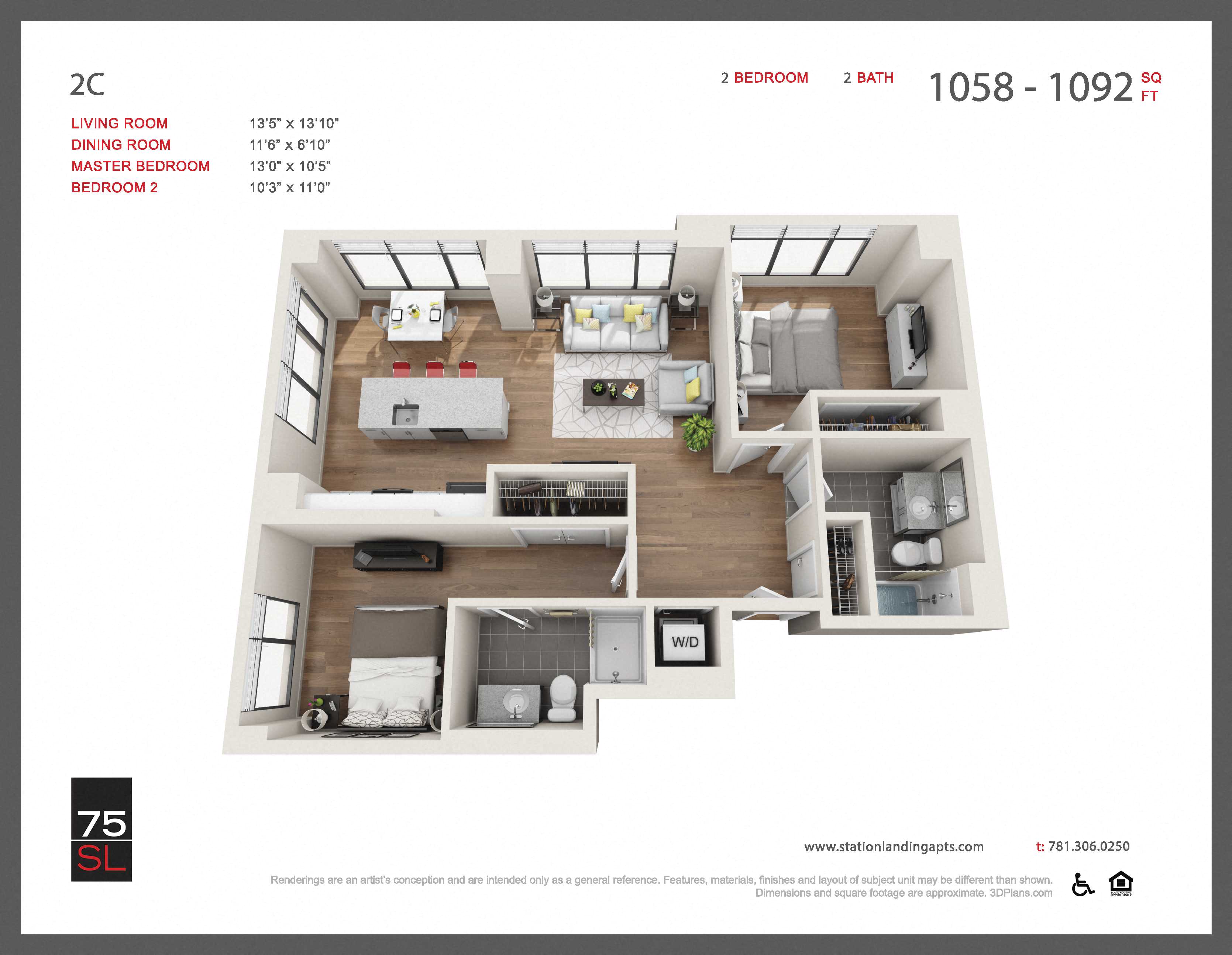 Floor plan for 2 beds, 2 baths, 1060 sqft